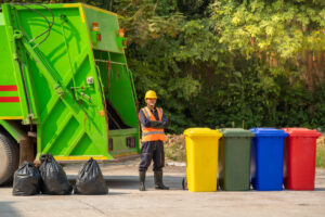 Garbage removal worker in protective clothing working for a public utility emptying trash container.